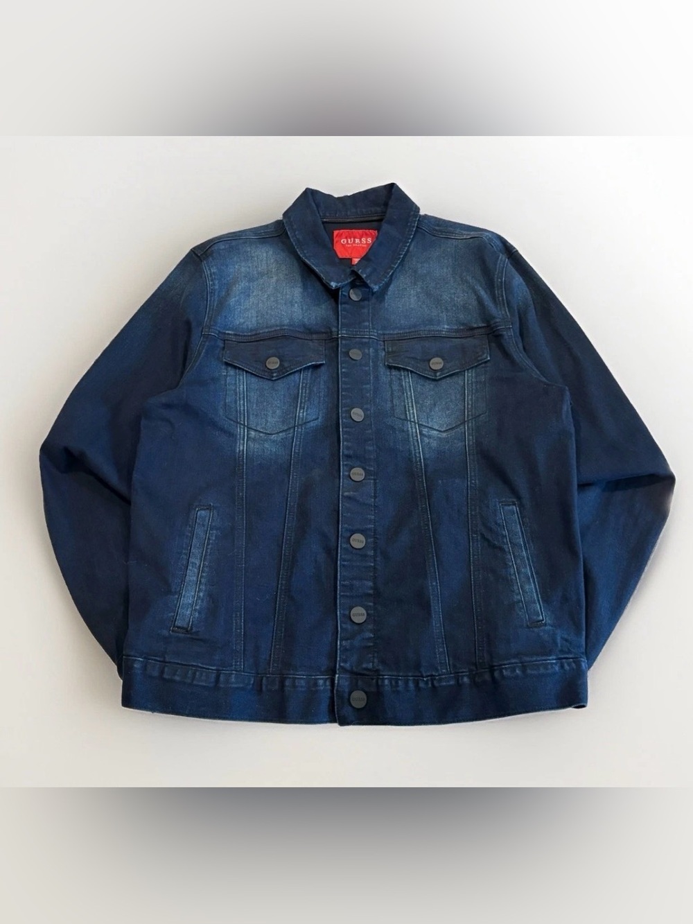 Guess Denim Jacket Size XL Super Stretch Snap Close Distressed Missing Hood